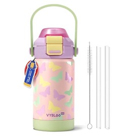 Termo para Niños, Botella de Aguas con 2 Pajitas, Sorbos y Chug, A Prueba de Fugas para Escuela, Deportes o Excursiones, Libre de BPA (12 oz / 360 ml, Mariposa Jardín)