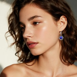 Silver Sun Flower Round Blue Lapis Lazuli Stone Drop Earrings,Genuine Real Crystal Quartz Gemstone Dangle Dangling Earrings,Boho Bohemian Jewelry for Women Her (A02_Lapis Lazuli)