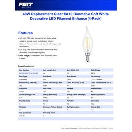 Feit Electric Candelabra LED Light Bulbs, Dimmable, 40W Equivalent, E12 Base, 2700K Soft White, Vintage B10 Filament Candle Light Bulb for Chandelier, BPCFC40927CAFIL/4/RP, 4 Pack