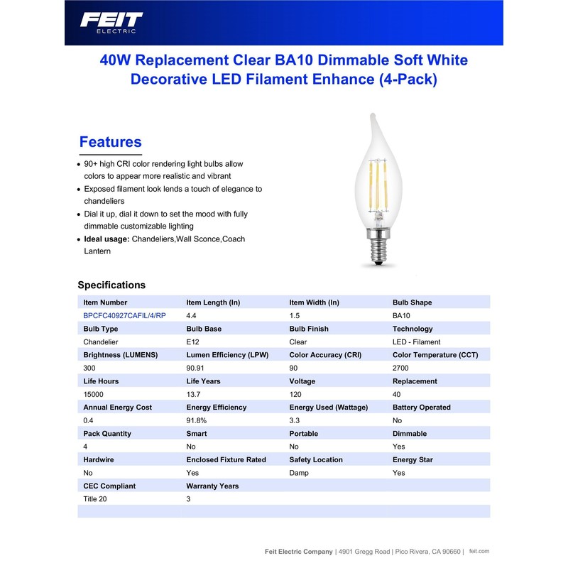 Feit Electric Candelabra LED Light Bulbs, Dimmable, 40W Equivalent, E12