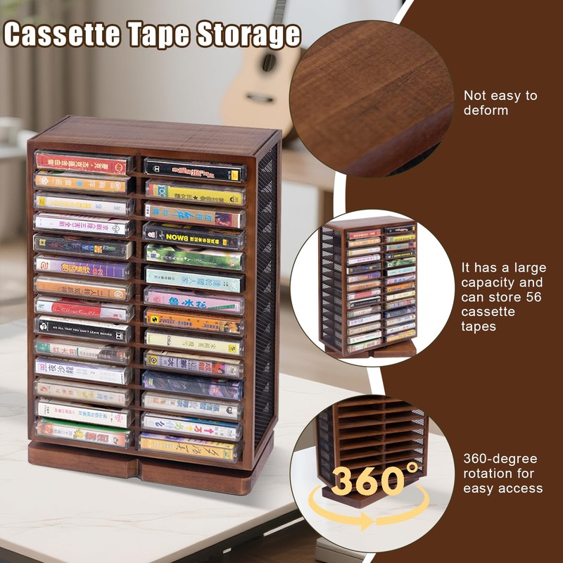 WodGod Cassette Tape Storage Box, Wood Cassette Rack, Wooden Cassette