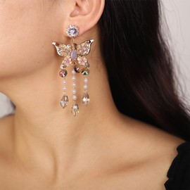 Kercisbeauty Rhinestones Pink Butterfly Earrings with Crystal Fringe Tassels Earrings Jewelry for Women, Small, Metal, No Gemstone