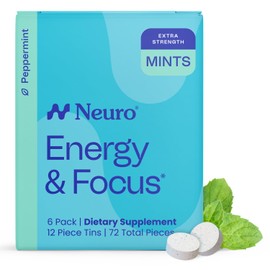 Neuro Energy & Focus Mints, Extra Strength - Sugar Free Breath Mints with 100mg Natural Caffeine, B Vitamins & L-Theanine - Vegan Brain Supplement for Exercise, Study & Daily Focus - Peppermint, 72 ct