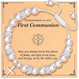 YUEXNKO Cross Rosary Bracelet, Cross Bracelet Christening Gifts, Christening Rosary Bracelet for Girls, Includes Bead Bracelet with Cross Religious Congratulations Card, Communion Gifts for Girls,