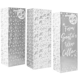 RSW Christmas Bottle Gift Bag with Tag, Silver and White, 36cm x 13cm x 9cm