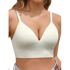 Kniffi Womens V Neck Wireless Bra Ribbed Seamless Bralette Padded Everyday Bras Ash Grey M