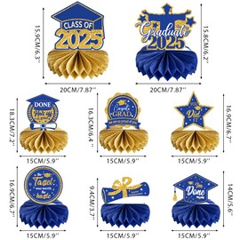 8 PCS Graduation Party Decorations Class of 2025 Blue Congrats Grad Honeycomb Centerpieces Congratulate Graduation Table Toppers for Graduation Party Supplies (Blue Gold)