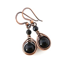 Pillar of Salt Studio Handcrafted Solid Copper Earrings with Black Onyx Gemstone (Antiqued Copper, 1" drop)