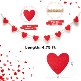 Ohuimrt Valentines Day Decoration, Valentines Banner with Red Felt Hearts and Wooden Beads Valentine Garland for Mantle, Wall, Fireplace, Party, Home Decor
