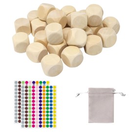 DHWEKU 30 Pieces Wooden Cubes, Blank Wooden Cubes, DIY Empty Cubes, 20 mm Wooden Cube with Bag with Drawstring Colour Dot Stickers, Unpainted Wooden Cubes for Decorations and Craft Projects
