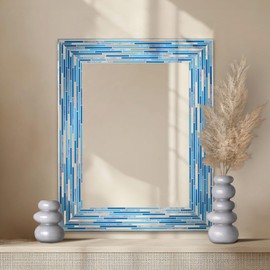 Head West 24"x30" Reeded Tiled Blue Mosaic Accent Vanity Mirror for Bathroom Wall, Printed Glass Rectangle Vanity Bathroom Mirror for Over Sink, Bedroom, & Living Room