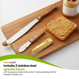 Performore 2PCS Spreader Knives, 12” Peanut Butter Knife that Works Great with Jars and 5” Short Spreading Knife, Stainless Steel Spatulas with Wooden Handle Spreader Set