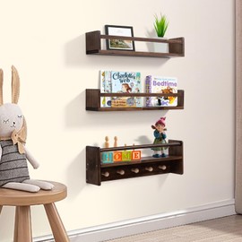 AZSKY 16 Inch Nursery Book Shelves Wall Floating Bookshelf with Hook Deep Walnut Hanging Book Shelf Toddler Room for Kids Room Bedroom Bathroom Living Room Kitchen Set of 3