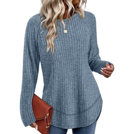 WIHOLL Sweaters for Women Trendy Tops Dressy Casual Long Sleeve Shirts Ribbed Fall Outfits Winter Clothing Blue M