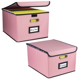 Desihum Collapsible File Organizer Box, filing Storage boxes for hanging files with lid, Linen Portable file folder box with handle, Decorative Document Storage Bins for Office/Home/Décor(Pink)
