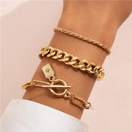 GIGB PBDK Punk Gold Stacking Chain Bracelet Set for Women,Chunky Thick Cuban Chain Bracelet Paperclip Link OT Clasp Charm Bracelet for Men Unique Jewelry (Gold)