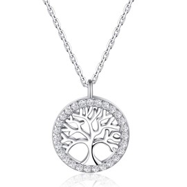 Jrêveinfini Tree of Life Necklace Women's 925 Silver with Pendant, Mother Daughter Chain Mum, Lucky Charm Chain Teenager Girls Girlfriend, Gifts for Women Girls with Gift Box, Silver, Cubic Zirconia