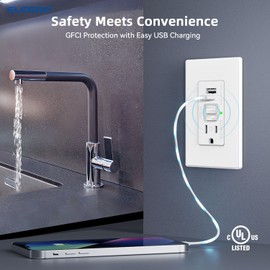 ELEGRP GFCI Outlet with USB Ports, 15 Amp Self-Test GFCI Combination with USB Ports, 24W Max Total Output, Tamper Resistant GFCI USB Outlet with Wall Plate, UL Listed, Matte White, 1 Pack