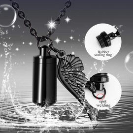 Dletay Cylinder Cremation Urn Necklace for Ashes Memorial Keepsake Pendant with Angel Wing Stainless Steel Remembrance Jewelry(Black)