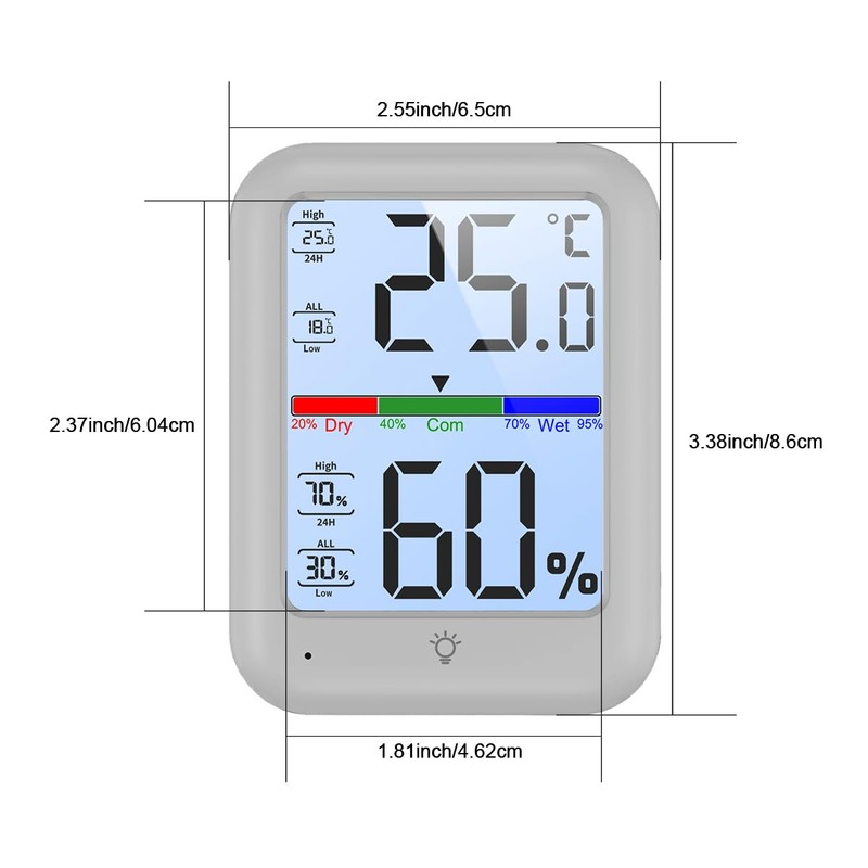 High Precision Digital Thermometer/Hygrometer, Indoor Use, Large Screen LCD, Backlight