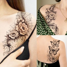 71 Sheets Rose Peony Flower Temporary Tattoos For Women Girls Adults, Black Florals Half Arm Sleeve Realistic Temp Bulk Fake Tattoo Stickers Butterfly Ship Bee Carp Turtle Elephant Whale Spider Skull