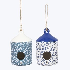 Young's Inc Antique Bird Houses for Outside Home Decor, Bird Feeders for Outdoors Ceramic for Wild Birds Bluebird Finch Swallow Cardinal Blue & White Garden Décor