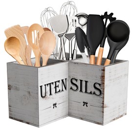 Suli Extra Large Kitchen Utensils Holder with 3 Compartments,Corner Shelf,Wooden Utensil Organizer for Kitchen Countertop, Farmhouse Decor, Rustic Cooking Utensil - White grain