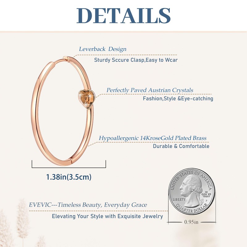 EVEVIC Trendy Austrian Crystals Heart Hoop Earrings for Women 14K