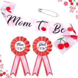 Cherry On Top Baby Shower Decorations Mom to Be Sash and Daddy to Be Corsage Set,Pink Mommy to Be Sash Baby Shower Sash Set for Party Decorations