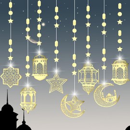 8pcs Eid Hanging Decorations, Pre-Strung Eid Garland Ramadan Mubarak Ornaments with Islamic Star Moon Fanous Lantern Patterns Reusable Eid Banner Streamer for Islam Home Party Decoration(Gold)