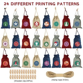 Sprinlot 24 Advent Calendar for Filling, Christmas Calendar Printed Fabric Bags, Reusable Advent Calendar Bags, Jute Bags (Multicoloured)