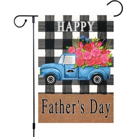 Louise Maelys Happy Father's Day Garden Flag 12x18 Double Sided, Burlap Buffalo Check Plaid Truck Rose Floral Garden Flags Banners Vertical for Daddy Papa Grandpa Father's Day Outdoor Home Decor (ONLY