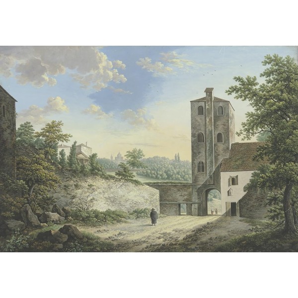 Italienische Phantasielandschaft mit einem Turm und Torausgang links auf der