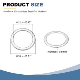 sourcing map 80Pcs M12 304 Stainless Steel Flat Washers Plain Washer 12mm ID 18mm OD 0.5mm Thick Flat Spacers for Screws Bolts Garden Faucet Plumbing Repair, Silver
