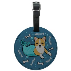 Merdog Mermaid Dog Round Leather Luggage Card Suitcase Carry-On ID Tag
