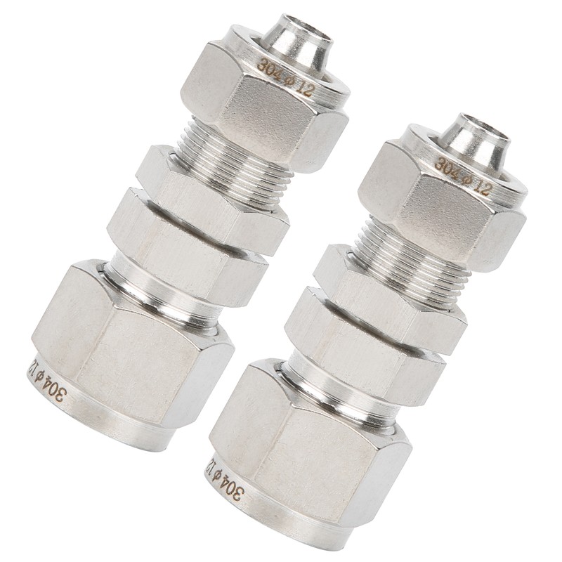 2Pcs Ferrule Compression Fitting Bulkhead Connector 2‑Touch Straight 304 Stainless