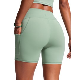 CRZ YOGA Womens 6'' Swim Board Shorts High Waisted Quick Dry Bathing Bottoms Swimsuit Trunks with Liner and Pockets Green Palm Court Large