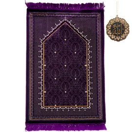 Modefa Turkish Islamic Velvet Prayer Rug - Thick & Wide Soft Praying Carpet for Men & Women - Large Traditional Muslim Salah Mat - Ramadan & Eid Gift - with Car Hanger - Double Plush Topkapi (Purple)