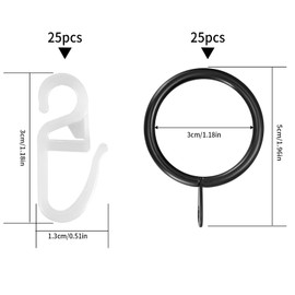24 Sets Black Metal Curtain Rings and Hooks, 30mm Curtain Hooks and Rings, 24 Metal Drapery Hanging Ring & 24 Plastic Curtains Hook, Sliding Eyelet Ring for Curtains Rods Poles