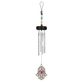 Sonic Energy Mini Chakra Chime Hamsa - Small Wind Chime with 4 Chimes - Decoration and Gift - 30cm - Silver Aluminium (HCC12MINI)