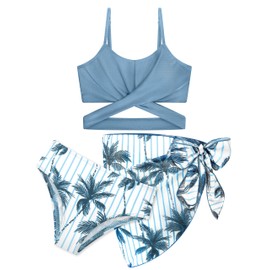AlisOker - Conjunto de 3 piezas para niñas, conjunto de bikini con estampado tropical, traje de baño cruzado con falda cubierta para niños, Palmera azul oscuro, 13-14 Años