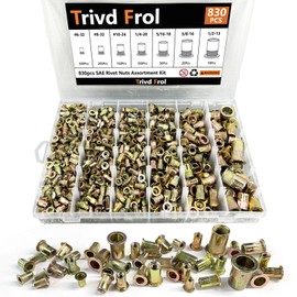 Trivd Frol Rivet Nut Tool Kit, 830pcs SAE/Metric Rivet Nut Assortment Kit #6-32, #8-32, #10-24, 1/4-20, 5/16-18, 3/8-16, 1/2-13, w Galvanized Carbon Steel Flat Head Threaded Insert Nuts (SAE - 830pcs)