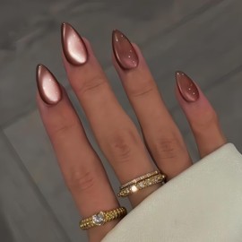 SXVME Cat Eye Tan Brown Press On Nails Medium Almond Shaped - 30 Pcs Stiletto Fake Nails Acrylic Press ons, Opaque Glitter Chrome Gel Nails Stick on, Soft Gel Glue on Nails for Women Fall Winter