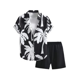RoseSeek Men's 2 Piece Tropical Vacation Outfits Button Down Hawaiian Shirts and Track Shorts Leisure Set Black and White Small