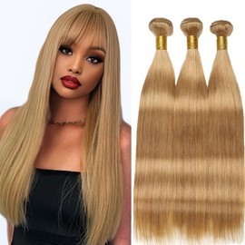 KODRHAR 12A Straight Human Curtain Patches Tied Double Hair Oven Soft and Shiny Hair Extensions Solid Color #27 Honey Blonde Bundle 20 22 24 Inches