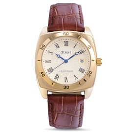 Stauer Timemaster Piezo Watch for Men – 36mm Gold-Finished Alloy Watch Case with Genuine Brown Leather Band and Cotswold Crystal