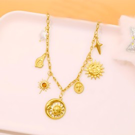 iSPECIAL Handmade 18K Gold Paperclip Charm Necklace For Women - Cute Dog Cat Ocean Moon Stars Western Themed Crystal Rhinestone Boho Charm Necklace (Gold Moon)