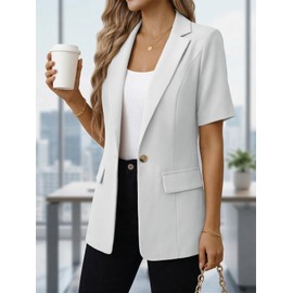 Mina Self Short Sleeve Blazer Jacket for Women 2026 White Cotton Summer