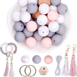 JNwhy Silicone Beads for Keychain Making Kit Rubber Beads Bulk for Pens DIY Handmade Crafts for Bracelet with Keychain Tassels String (Grey,Pink,White)
