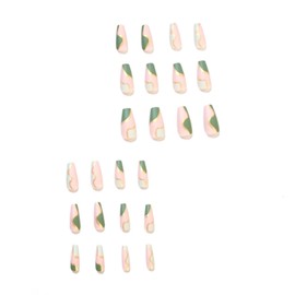 Hkanlre Coffin Press on Nails Gold Line Medium Fake Nails Acrylic Geometry False Nails Full Cover Nails for Women and Girls 24PCS